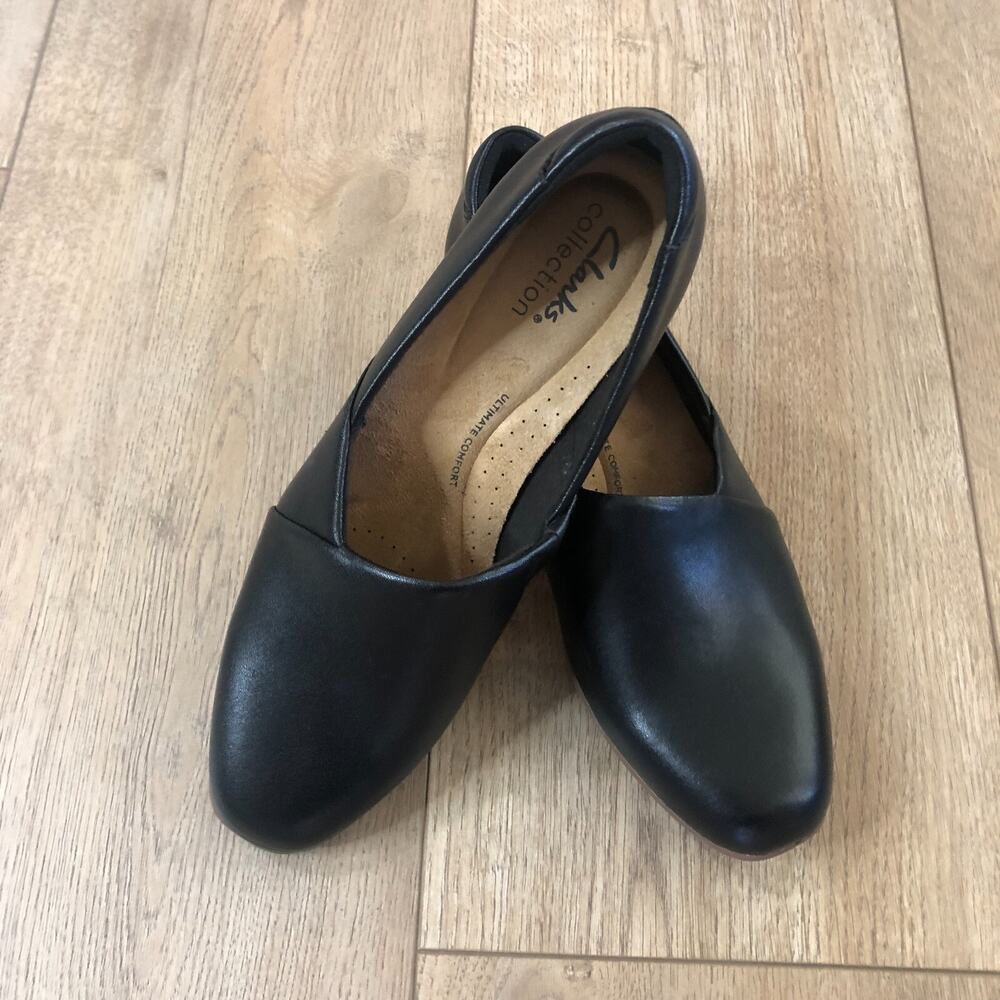 Clarks Womens Juliet Palm Slip-on Black Leather Sz 6.5 MSRP Comfy $85 NWOB READ‎
